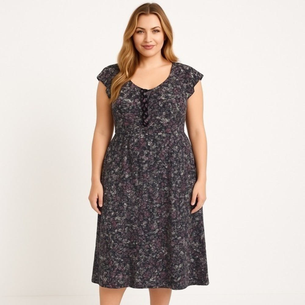 DKNY Jeans Floral Ruffle Cap Sleeve Dress Womens 26W Black Purple Pockets